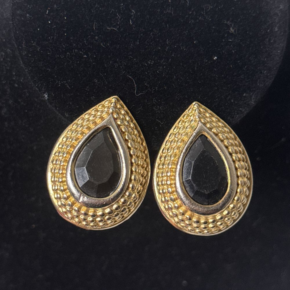 Vintage Gold‎ Tone Black Onyx Teardrop Clip On Earrings Statement Jewelry